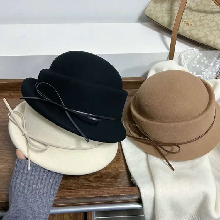 全澳毛材质法式复古千金风卷边礼帽女秋冬优雅蝴蝶结羊毛渔夫帽子