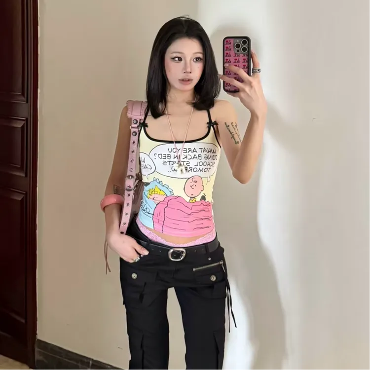 卡通史努比印花吊带女夏内搭外穿修身无袖背心奶乖可爱蝴蝶结上衣