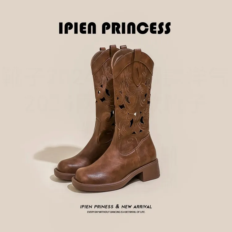 新疆夏季美式镂空马丁靴西北草原沙漠中筒靴春秋新款西部牛仔靴女