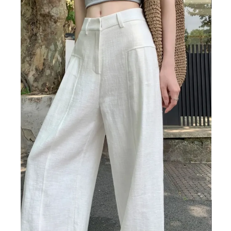 白色苎麻阔腿裤女2025夏季薄款高腰垂感老钱风西装亚麻棉麻休闲裤