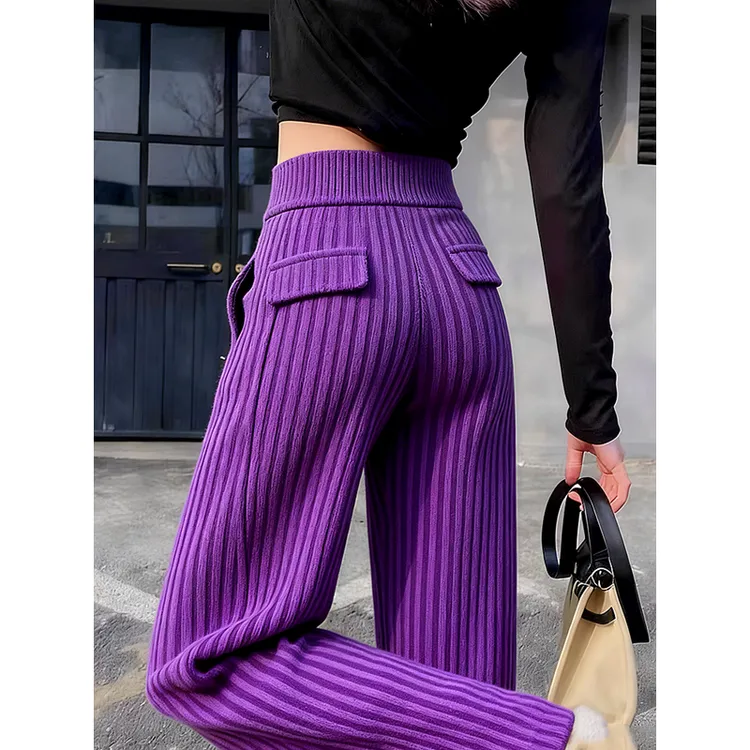 2025年秋冬新款百搭显瘦小众裤子潮流韩版减龄紫色针织长裤子女装