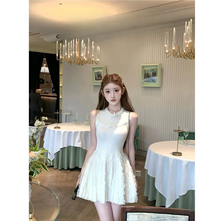 【云朵bouquet】夏季新款高定手工木耳边花边无袖连衣裙显瘦针织裙