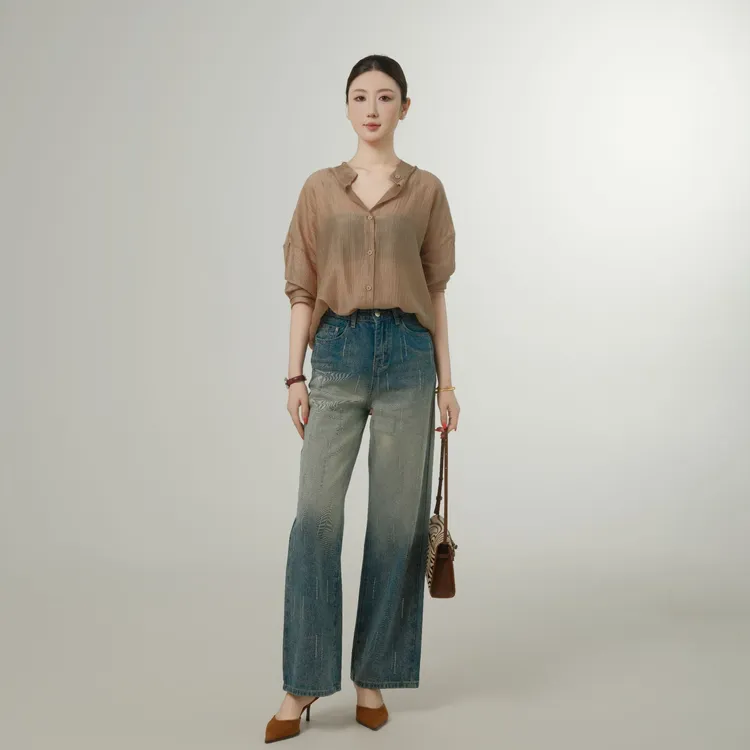 扎染复古烫钻牛仔裤+慵懒风纯色夏季时尚衬衫