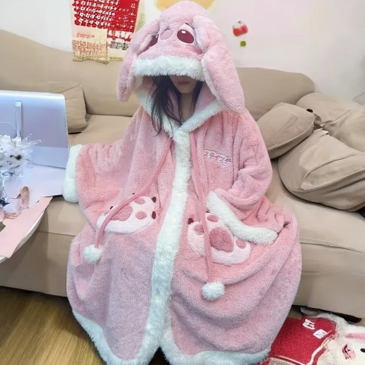 正版史迪仔新睡衣甜美卡通珊瑚绒套装女童家居服斗篷睡袍冬季睡衣