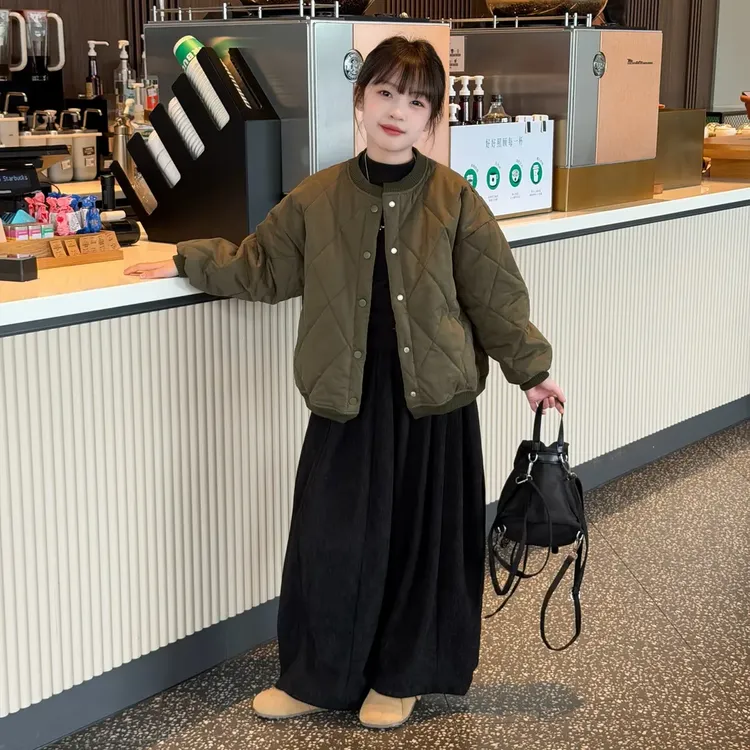女童夹棉夹克加厚棒球服外套2025新款秋冬保暖时尚加绒弯刀阔腿裤