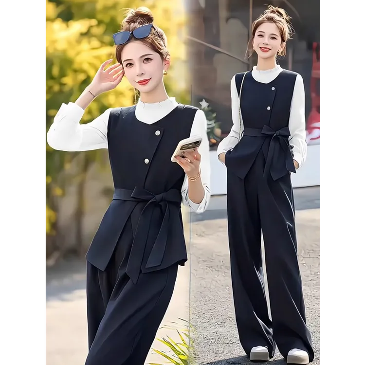 时尚套装女2025春季新款时髦洋气马甲法式打底衫阔腿裤气质三件套