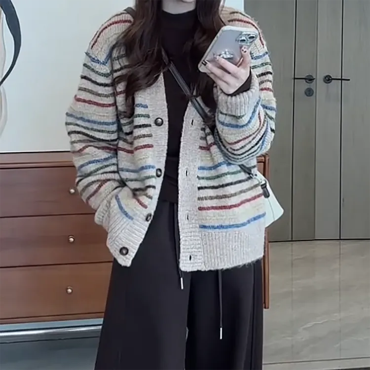 新款高级感小众宽松慵懒风针织衫V领彩色条纹毛衣外套C6417