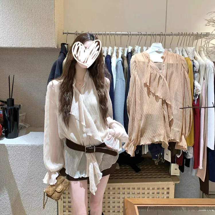 荷叶边设计宽松长袖衬衫女秋季2025新款千金感休闲上衣衬衣00311