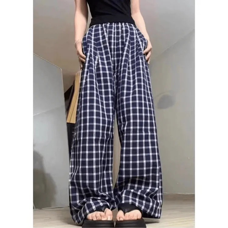 夏季慵懒风直筒格子裤高腰阔腿裤垂感宽松显瘦时尚松紧腰拖地裤女
