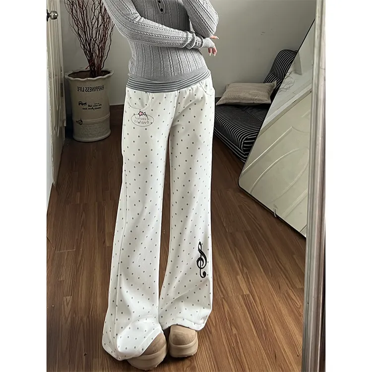 【加绒】波点休闲裤女冬日新款时尚个性高街拼接腰头白色印花卫裤子