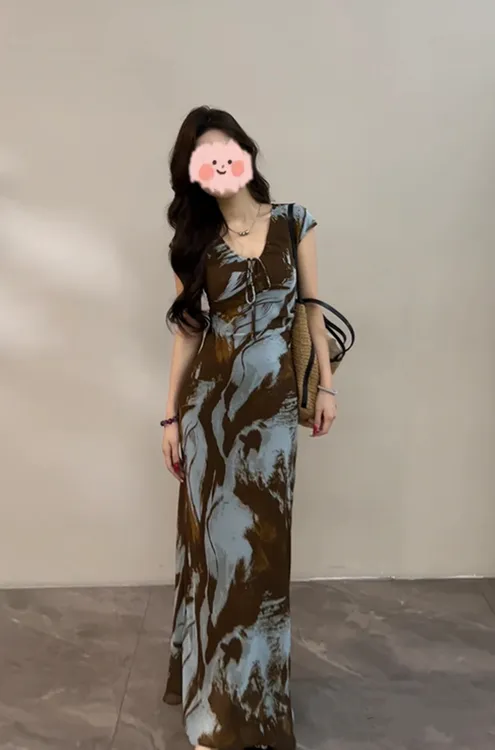 夏季新款优雅风晕染抽象V领绑带修身显瘦连衣裙