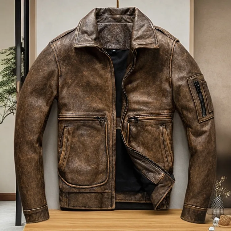 路约威格新款头层纯牛皮复古皮衣男短款做旧机车服夹克男秋季外套