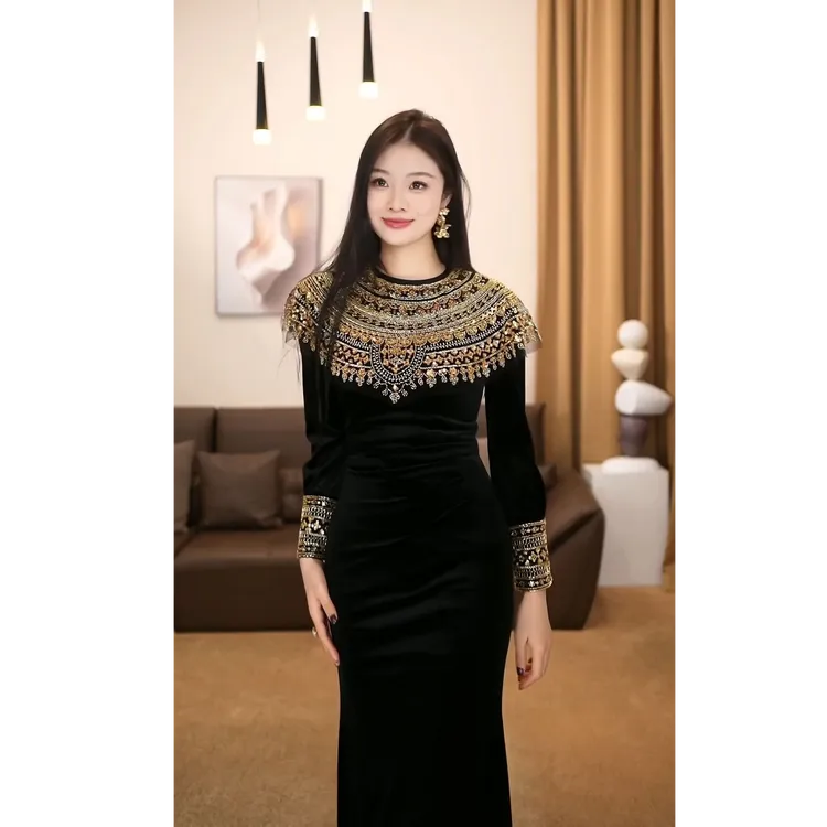 【爱笑】财阀千金法式气质重工钉珠名媛古典优雅鱼尾连衣裙-SW0662