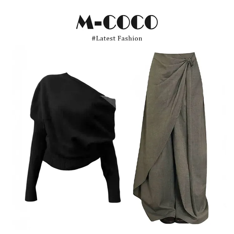 parkyeon御姐风性感斜肩针织衫女秋冬宽松显瘦阔腿裤两件套装穿搭