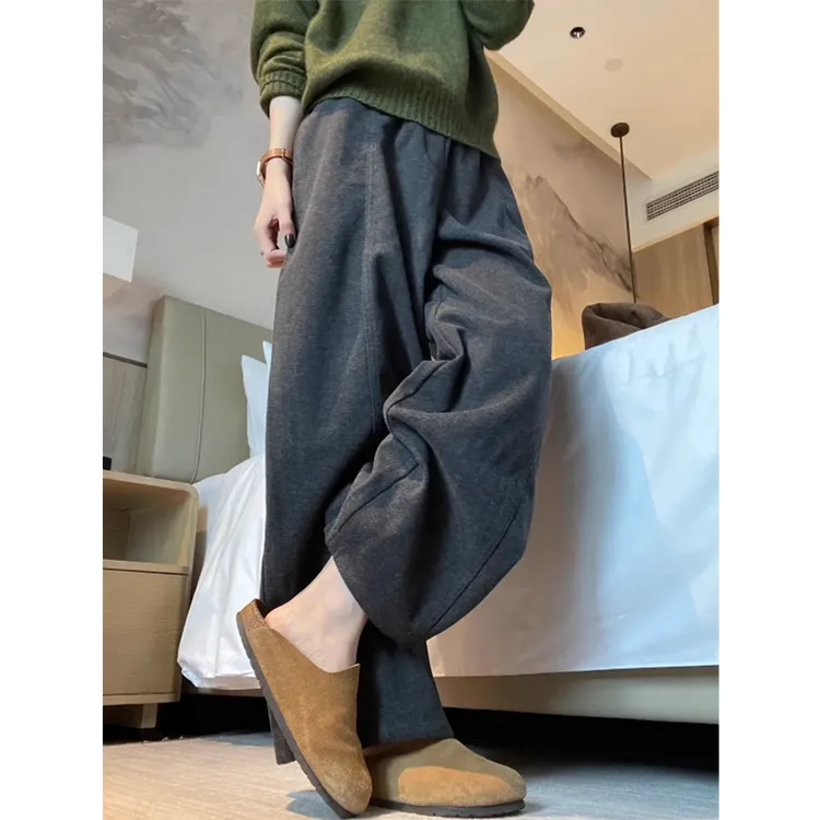 灰色毛呢休闲裤女秋冬新款大码胖mm梨形身材加厚磨毛慵懒风阔腿裤