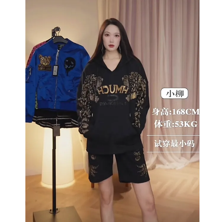 爆款-TCH烫钻金钻潮牌黑色连帽衫T69D12E6012