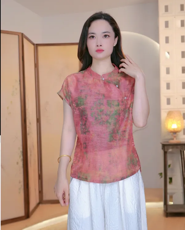【蓬莱仙】--夏款新中式国风暗纹提花立领斜襟无袖上衣