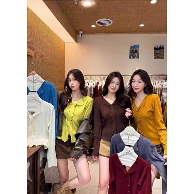 时尚百搭新款修身显瘦打底衫韩系荷叶边v领长袖针织衫女上衣I2-71