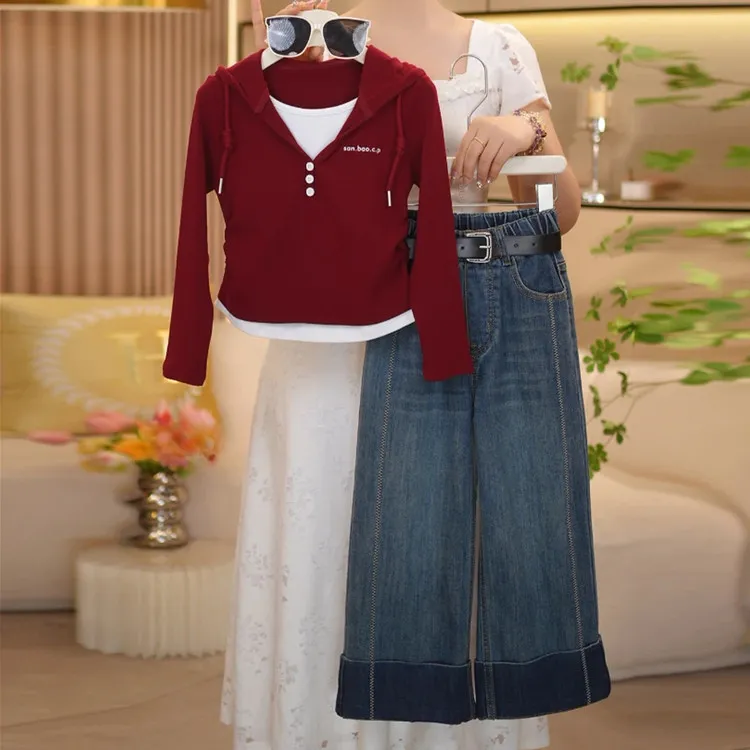 女童2025新款秋装洋气时尚大童女孩假两件上衣秋季时髦套装两件套