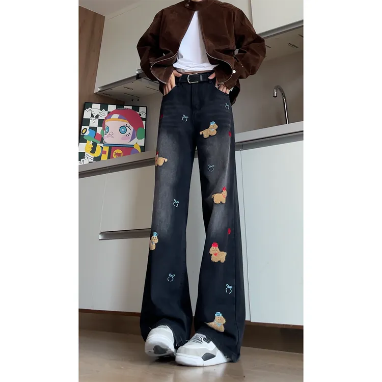 美式趣味小狗刺绣牛仔裤男女2025秋季新款高街设计感直筒阔腿国潮