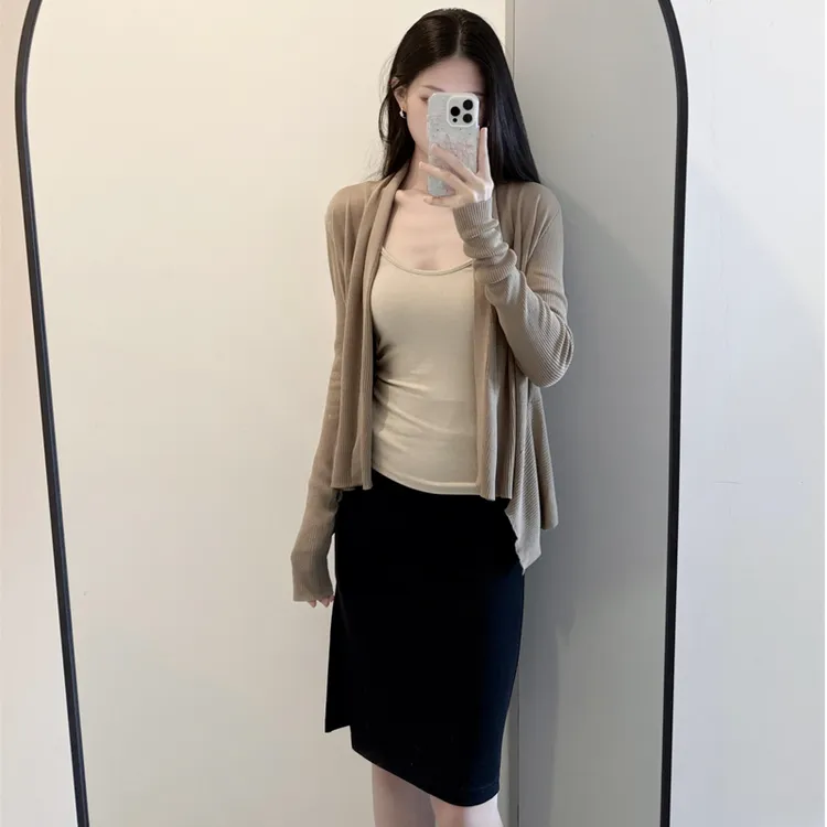 轻熟风套装女法式气质吊带背心不规则长袖开衫外套半身短裙三件套