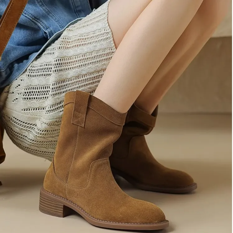 CBMT圆头磨砂筒靴秋冬中跟复古风短靴复古港风棕色粗跟瘦瘦靴牛仔