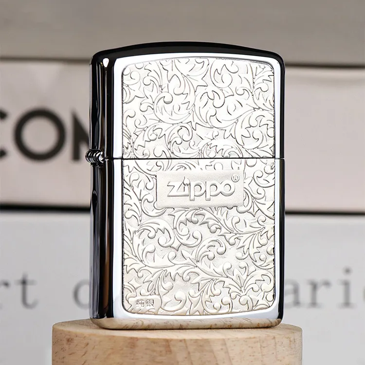 ZIPPO打火机 纯银贴章唐草KR7 官方正品防风煤油送男友礼物收藏