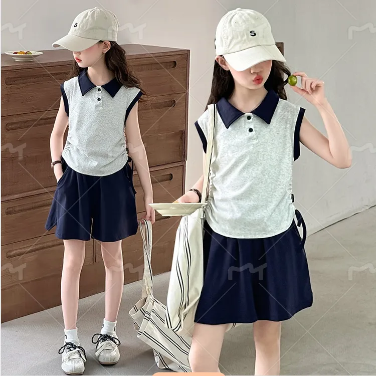 女童夏装短裤套装2025新款儿童薄款无袖Polo短袖夏季阔腿裤两件套