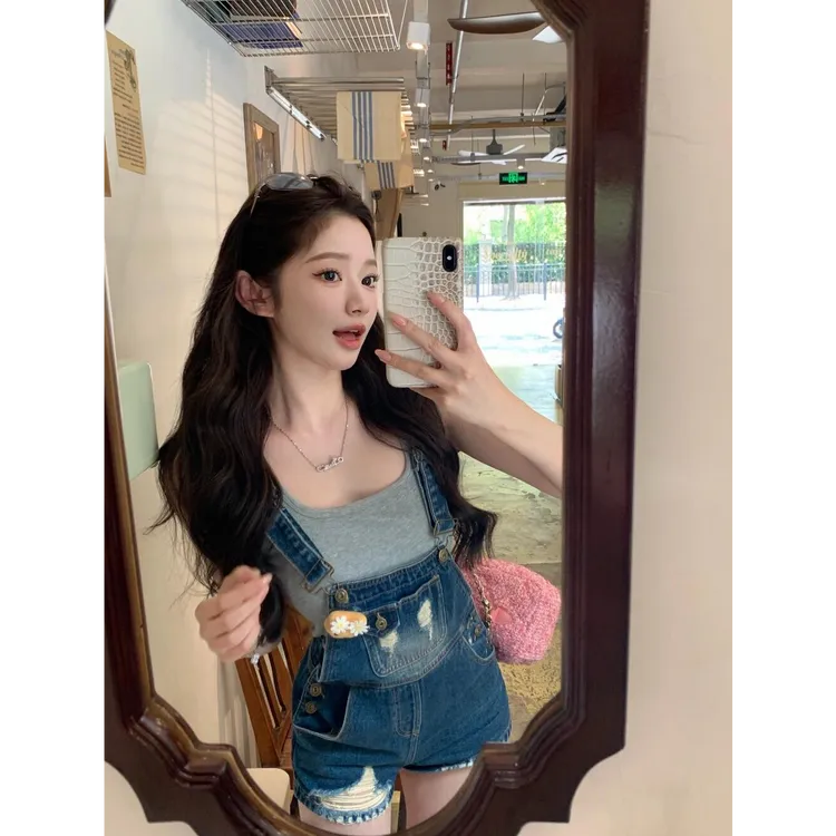 【甜辣美高VTG】复古腔调水洗破洞牛仔背带短裤内搭性感吊带套装女