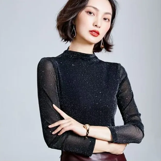 新款2025打底网纱洋气显瘦亮闪闪时尚百搭上衣长袖女