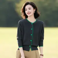 时尚圆领撞色针织开衫女士秋冬新款宽松显瘦百搭长袖毛衣外套