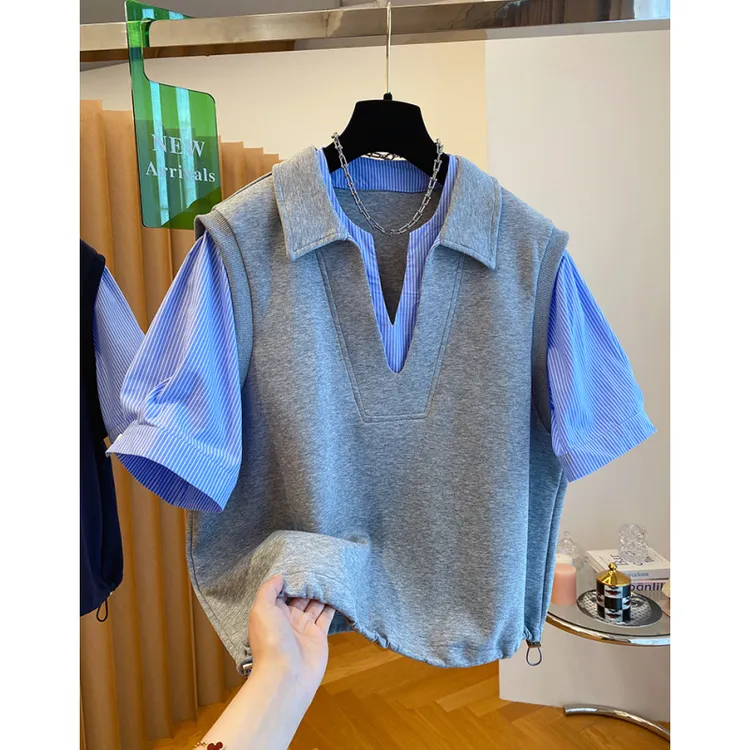 假两件短袖t恤女2025夏季新款宽松别致洋气衬衫拼接POLO领上衣