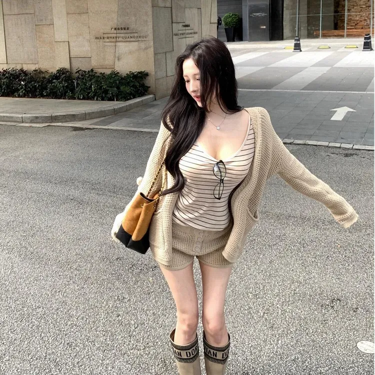 纯欲性感时尚套装女装秋季2025新款长袖开衫外套百搭短裤子两件套