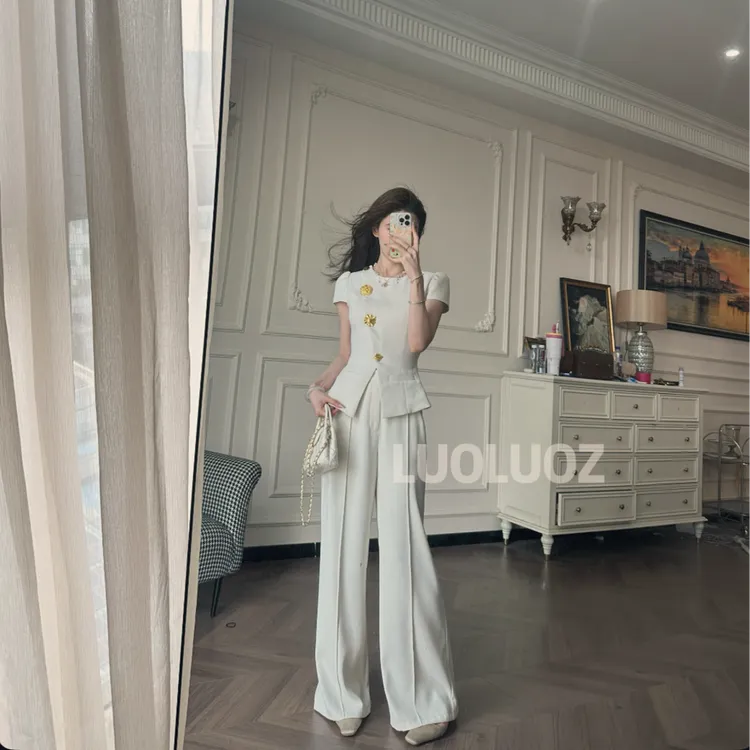 LUOLUOZ【花朝意】棉莱赛尔材质气质时尚上衣＋时尚裤子两件套JF815