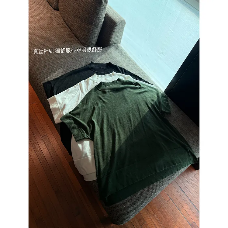 LA CALLA蚕丝针织T绵羊毛宽边圆领百搭宽松短袖T恤WD26T07商品图