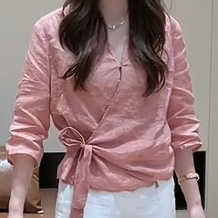 夏季韩系提花V领显瘦绑带设计上衣洋气小衫C5814