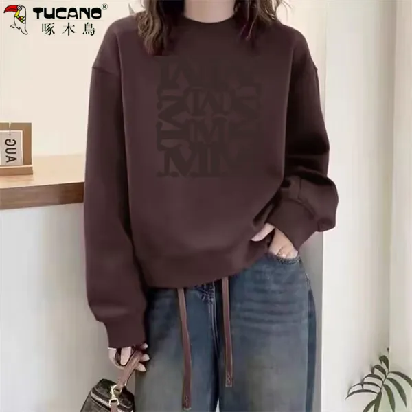 【啄木鳥】纯棉加绒加厚长袖t恤女冬季新款上衣时尚百搭减龄保暖