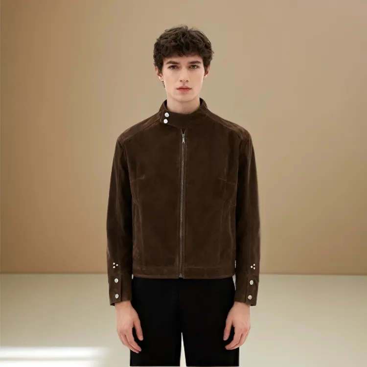 VIPOL秋季新款摩登年代美式复古绒皮立领硬挺版型哈灵顿夹克外套