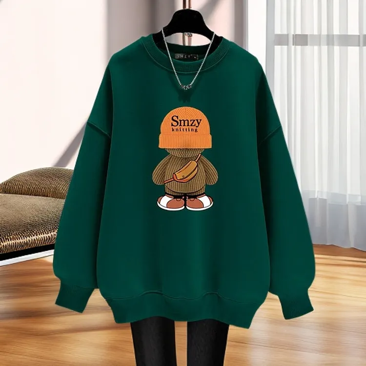 潮牌正品孔雀绿中长款卫衣女冬季加绒大码宽松长袖新款漂亮衣服潮