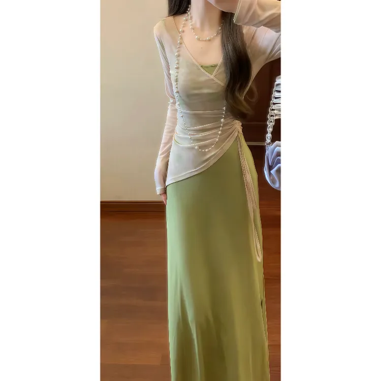 国风新中式扎染网纱开衫上衣&绿色吊带连衣裙修身气质长裙9077