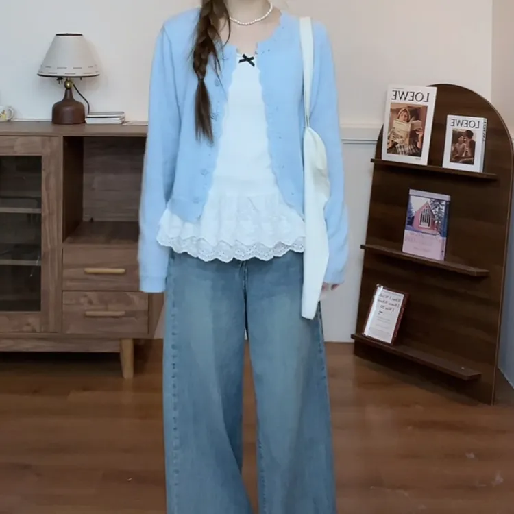 白色蝴蝶结吊带背心+蓝色针织开衫两件套2025春款设计感韩系套装