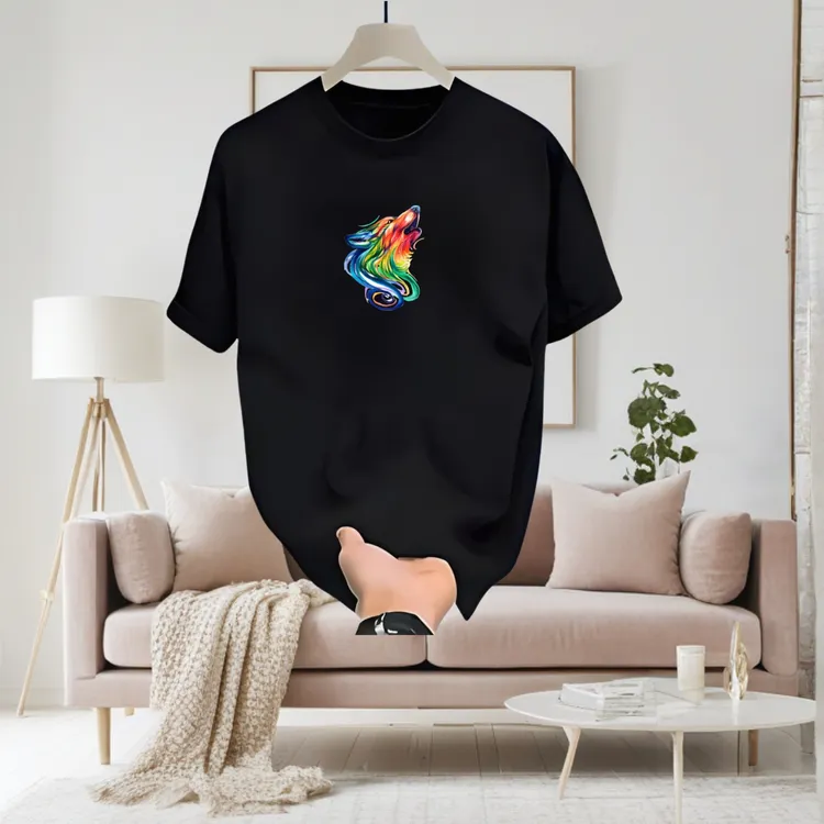 简格帛轻奢男装夏季黑色短袖T恤彩色狼头印花T恤舒适透气超有型