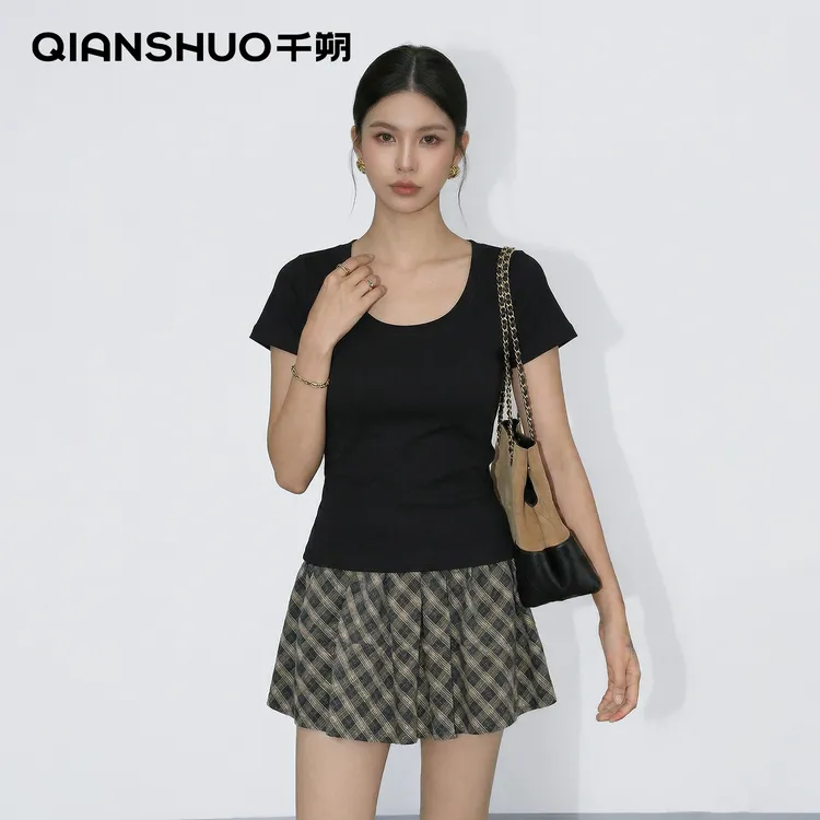 千朔纯色U领螺纹修身显瘦正肩打底短袖T恤女基础款百搭通勤上衣商品图