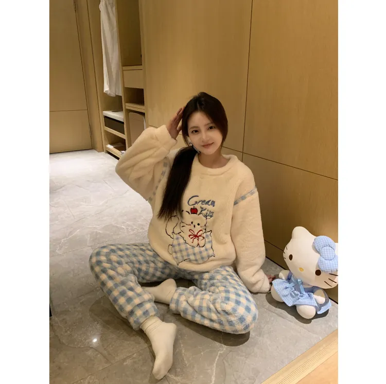 珊瑚绒睡衣女冬季新款加绒加厚甜美玛丽猫保暖长袖家居服学生套装