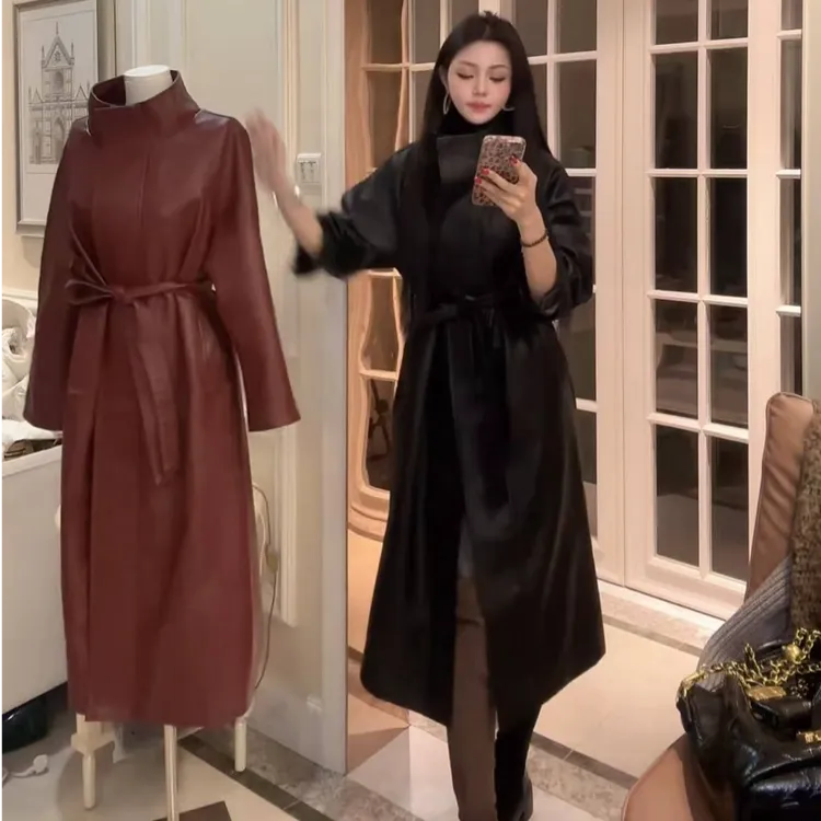 插肩袖学院风长袖女翻领立领风衣拼接系带欧美风