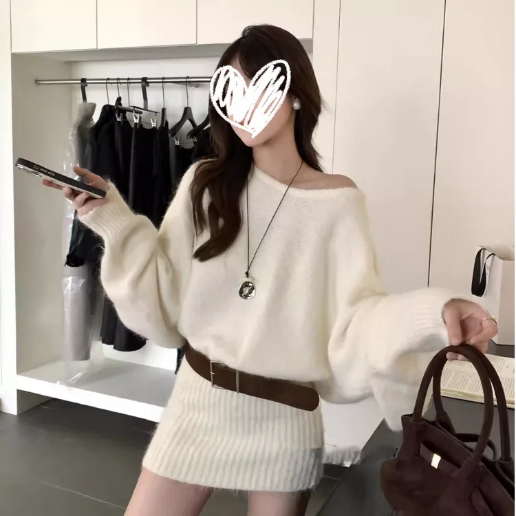 慵懒穿搭长袖针织连衣裙毛衣裙子女2025新款宽松休闲白色短裙0512