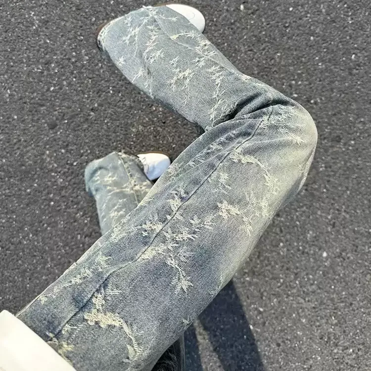 美式复古提花牛仔裤男秋季新款设计感ins潮牌宽松直筒休闲长裤子