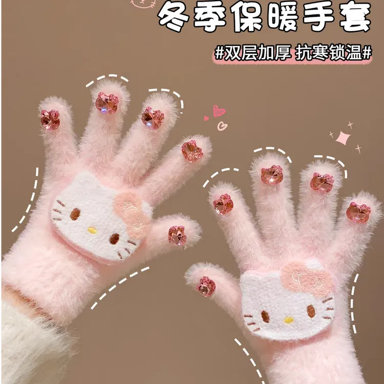 Kitty美甲手套女冬季毛绒保暖可触屏露指防寒学生加厚可爱新款