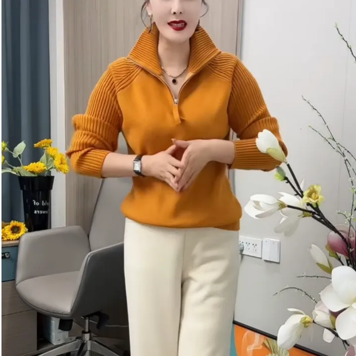 2025冬季新款新款时尚女士拼接半拉链毛衣衫高级气质韩系减龄衬衣