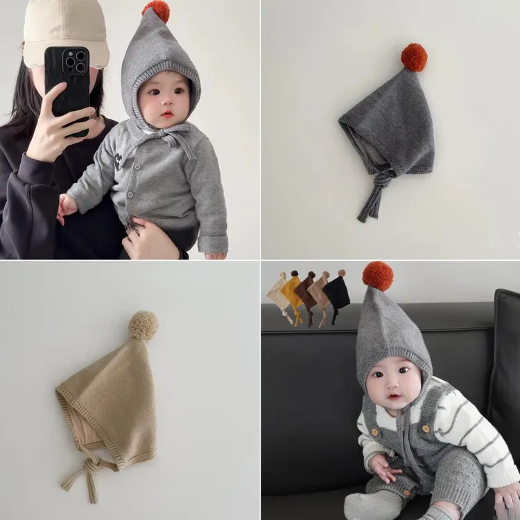 韩版婴儿帽子冬季洋气简约尖尖精灵帽男女宝凹造型毛球针织护耳帽